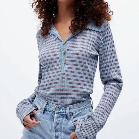 Free People Delilah Ribbed Henley Top - Picture 1 of 10